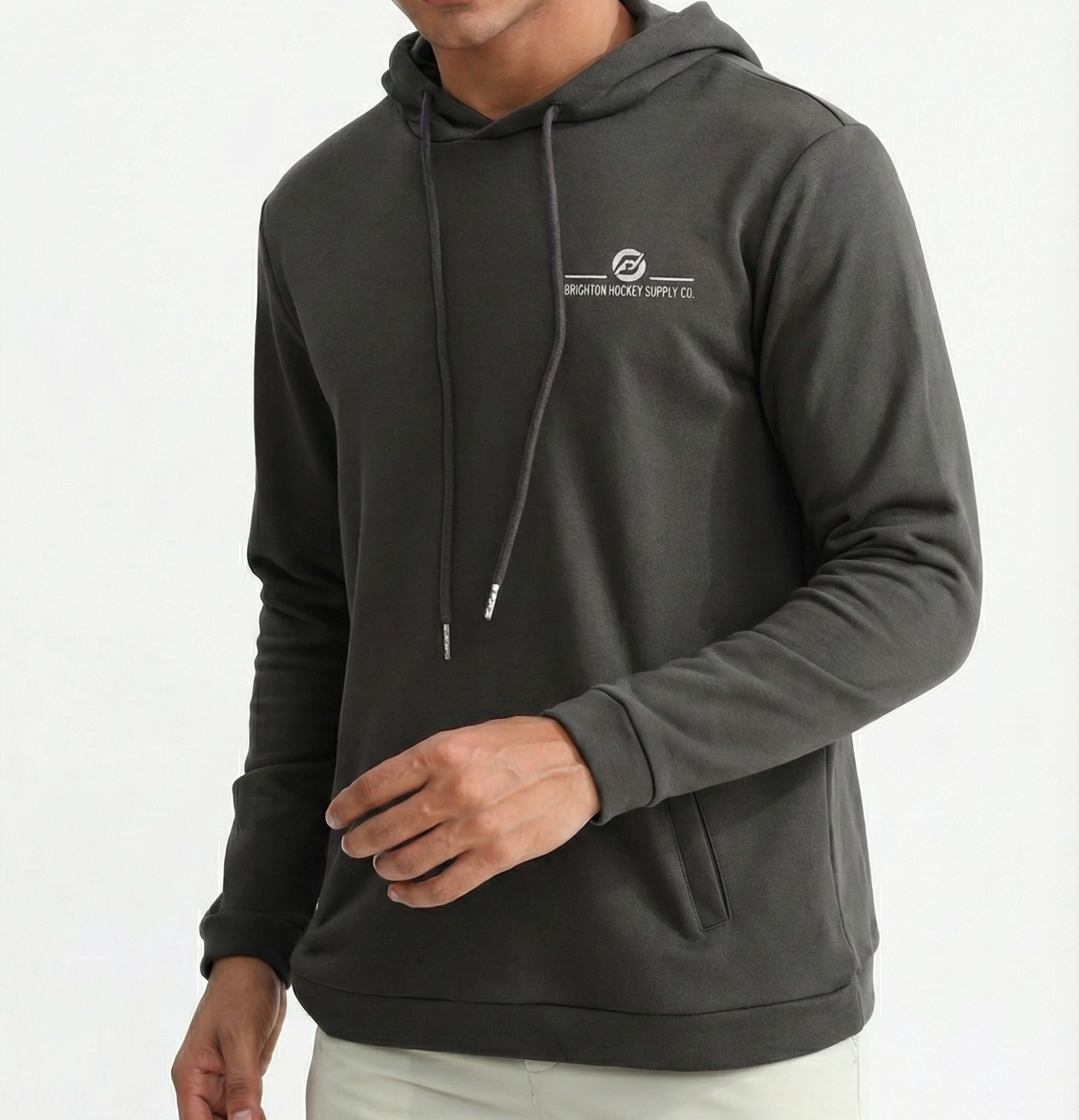 Model Wearing Brighton Hockey Supply Ultimate Grey Hoodie